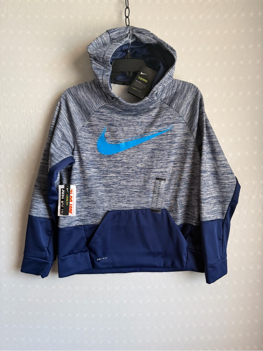 Nike Boy’s Heather Gray and Navy Crewneck Hoodie with Blue Swoosh